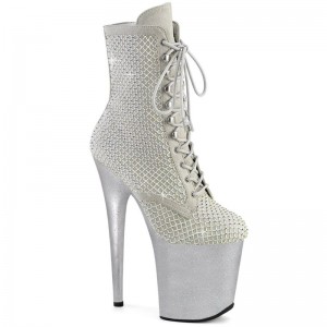 Pleaser Flamingo-1020RM Faux Suede Rhinestone Mesh Laarzen Dames Zilver | BELGIE BESVLOFE