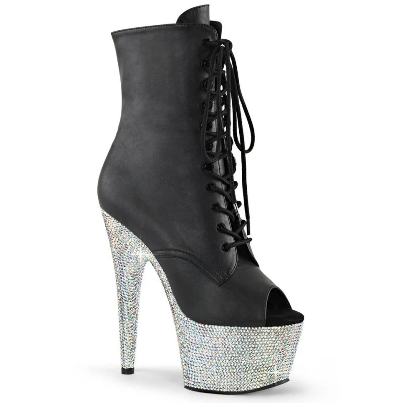 Pleaser Bejeweled-1021-7 Vegan Leather Laarzen Dames Zwart Zilver | BELGIE BEORLAIC
