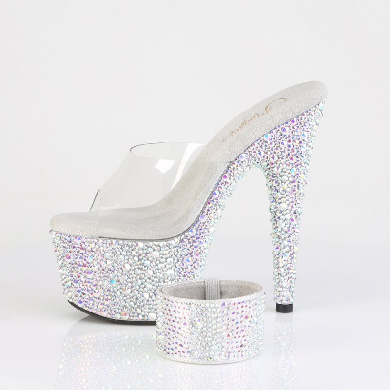 Pleaser Bejeweled-712MS Rhinestones Badslippers Plateauzool Dames Zilver | BELGIE BEWMIJDP