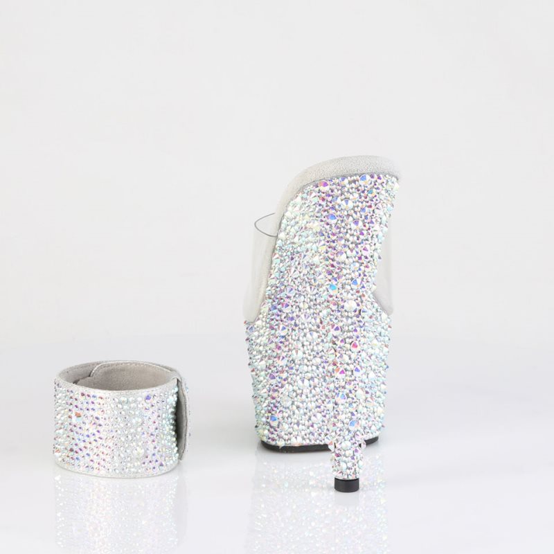 Pleaser Bejeweled-712MS Rhinestones Badslippers Plateauzool Dames Zilver | BELGIE BEWMIJDP