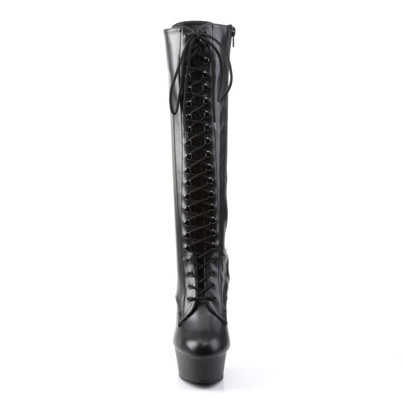Pleaser Delight-2023 Vegan Leather Knie Laarzen Dames Zwart | BELGIE BEFUIPJL