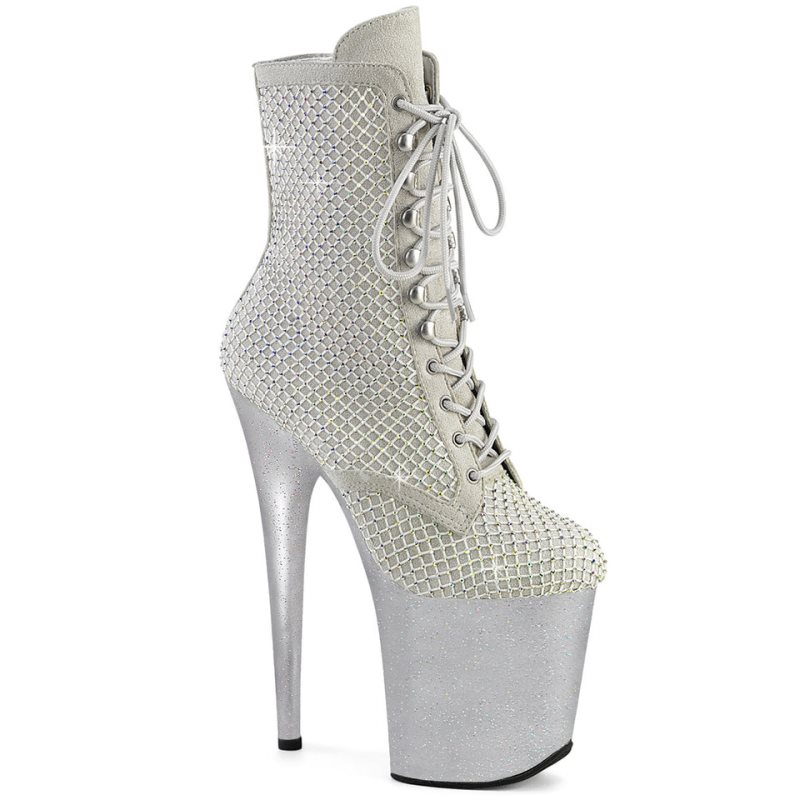 Pleaser Flamingo-1020RM Faux Suede Rhinestone Mesh Laarzen Dames Zilver | BELGIE BESVLOFE